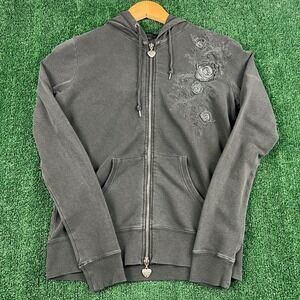 VTG VERTIGO Hoodie Womens Charcoal Gray S Floral Embroidered Full Zip Cotton Y2K